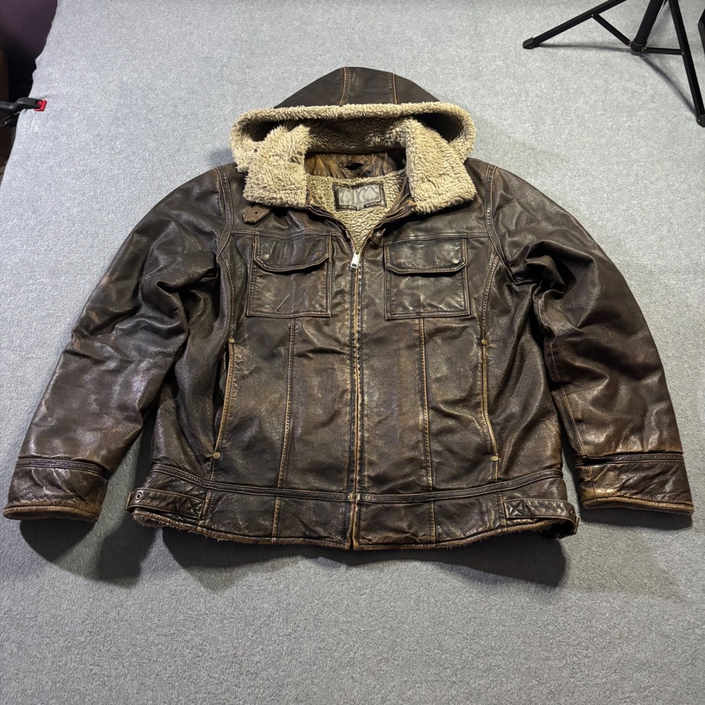 Wilsons Leather Hooded Jacket Mens XL Brown Distressed Sherpa Rugged Utility